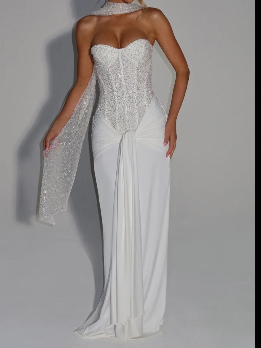 Strapless Ivory Maxi Dress with Beaded Corset and Draped Knot